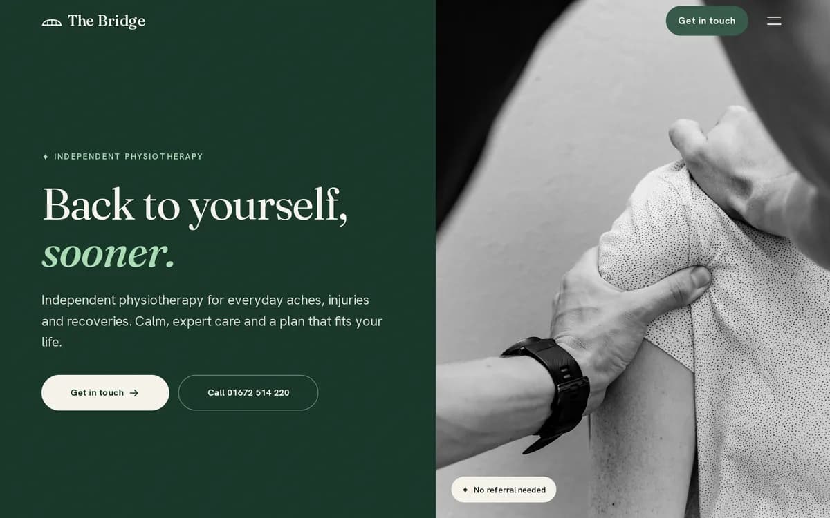 The Bridge — independent physiotherapy clinic concept build, with an editorial split hero.