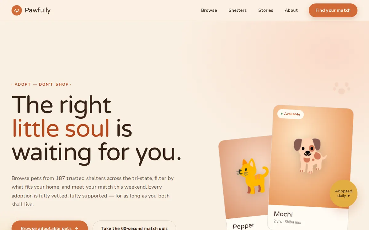 Pawfully — pets adoption-directory concept build, with a warm hero and filterable pet cards.